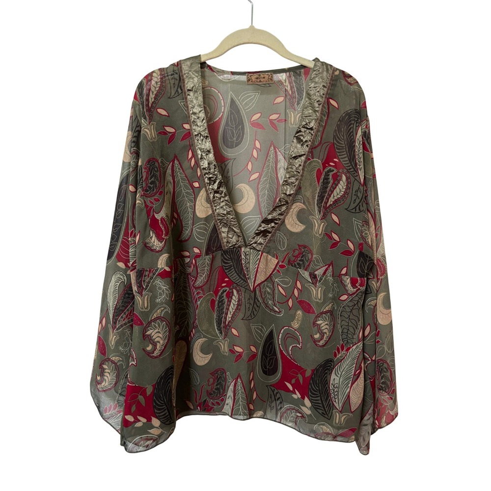 Y2K Melon Women Sheer Paisley V-Neck Blouse Green Burgundy Bell Sleeve Size 16